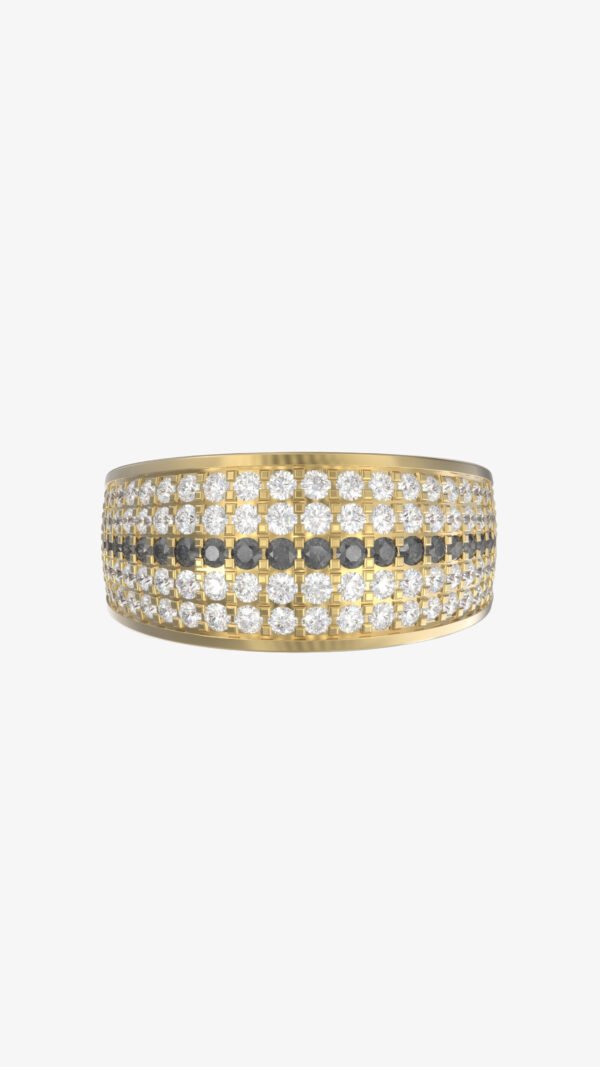 "Men’s yellow gold ring with pure white diamonds and black diamond accents, symbolizing bold strength and timeless elegance."